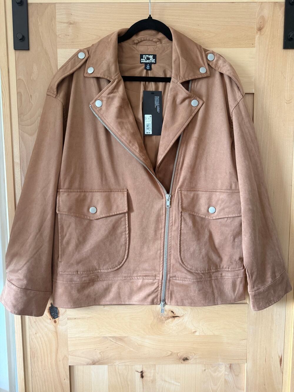 NWT Future Collective Women’s Faux Suede Moto Jacket Tan Brown Size M $60